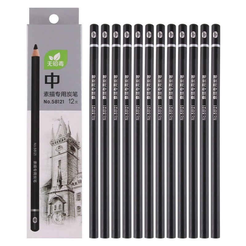 12 Pcs/Set Sketching Charcoal Drawing Pencil Set Wood Art Supplies Sketch Charcoal Pencils Art Painting X3UE