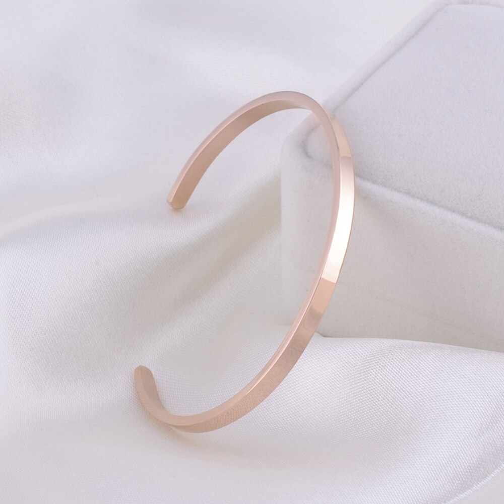 Brazalete abierto delicado de 4mm para hombre y mujer, brazalete de acero inoxidable, Color dorado, rosa, negro, liso,: rose gold