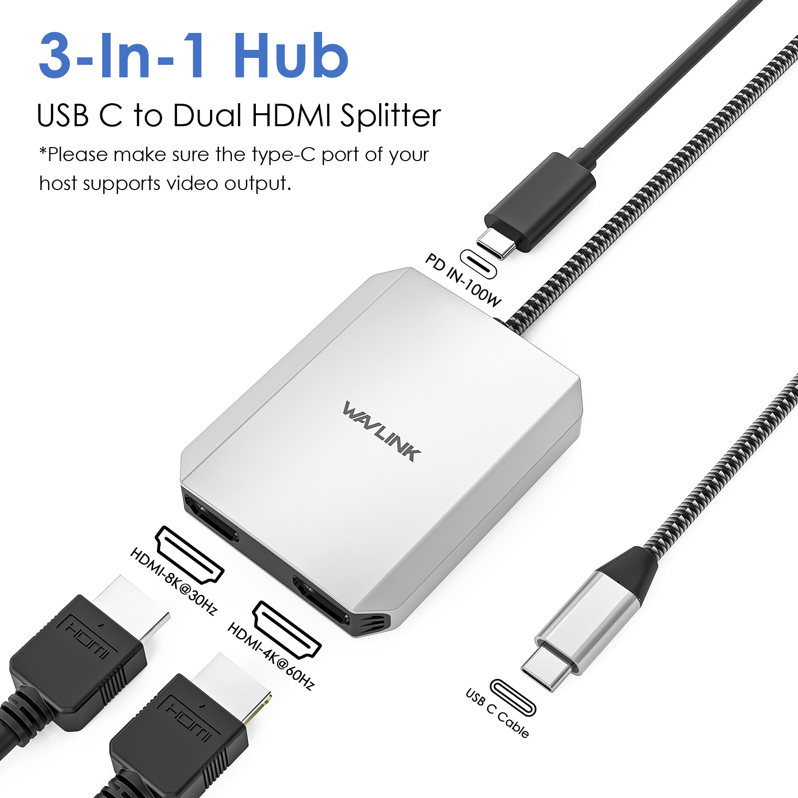 Wavlink usb c till hdmi-adapter med dubbel skärm, dubbel 4k @ 60hz 3-- i- -1 hdmi-adapter med 95w strömförsörjningar för bärbara macbook pro/air