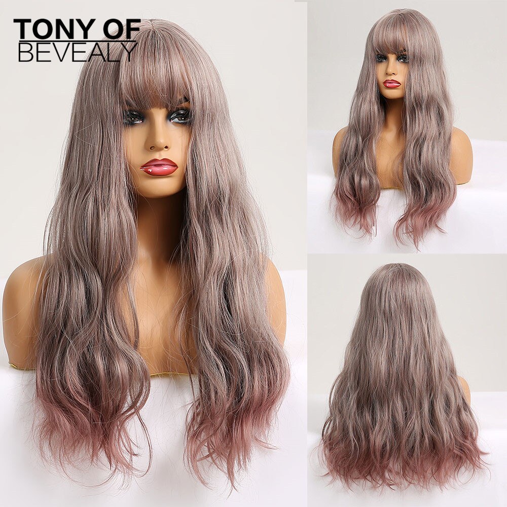 Long Wavy Dark Brown Natural Hair Wigs With Bangs Heat Resistant Synthetic Wigs for Afro Women Daily Cosplay Natural Wigs: lc227-2