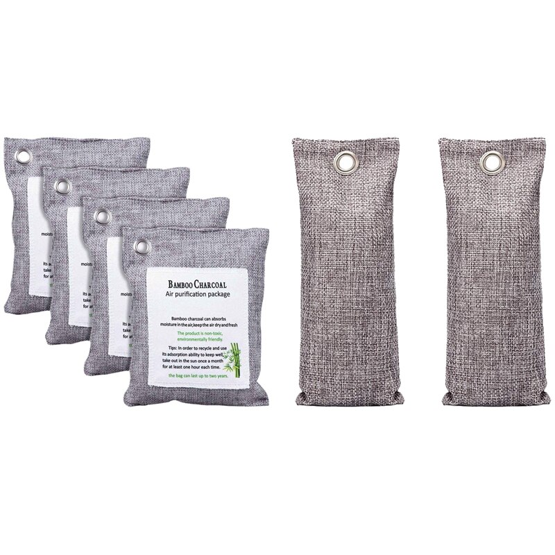 2 Pack Bamboo Charcoal Air Purifying Bag 50G & 4 Pack Activated Bamboo Charcoal Bag Odor Remover 200G