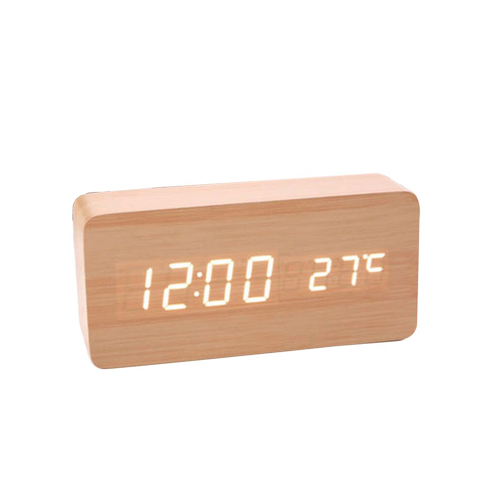 Wooden Alarm Clock Sound Control LED Digital Alarm Clock Electronic Temperature Display Desk Table Clock Auto Brightness Adjust: Wooden   White
