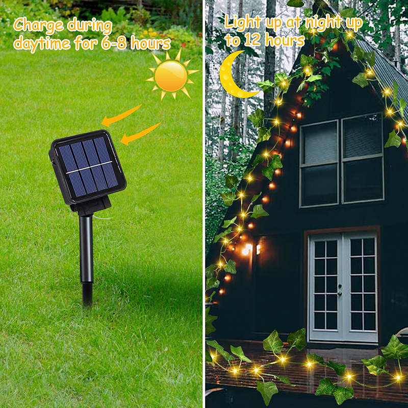 Guirnalda de luces solares de ratán de 5/10M, lámpara de hadas para exteriores, hoja de planta Artificial de 8 modos para decoración de valla de jardín y acampada para boda