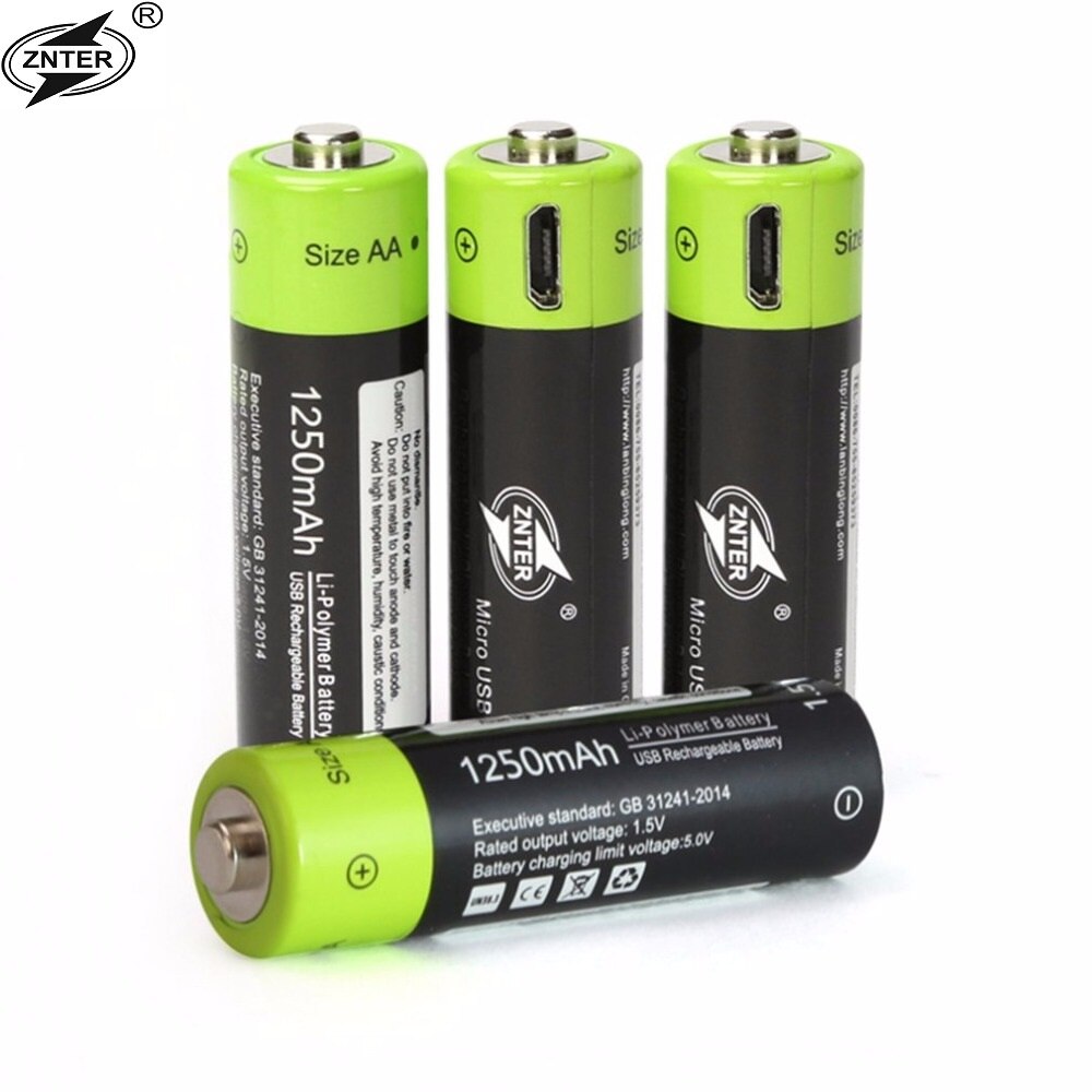 ZNTER AA 1.5 V 1250 mAh Batterij 1/2/3/4 pcs USB Snel Opladen Oplaadbare Lithium polymeer Batterij Opgeladen door Micro Usb-kabel