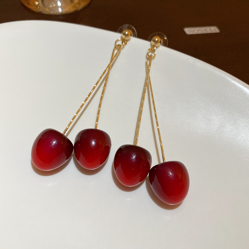 Koreaanse kersen oorbellen met kersenmotief voor dames, lange trendy eenvoudige oorbellen met sprookjesachtige charme.: Bruin