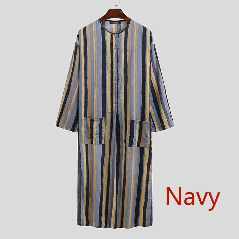 Mannen Saudi Stijl Gestreepte Jubba Thobe Mannen Zakken Abaya Moslim Kaftan Robe Lange Mouwen V-hals Islamitische Arabische Kleding 5XL incerun: Navy / 5XL
