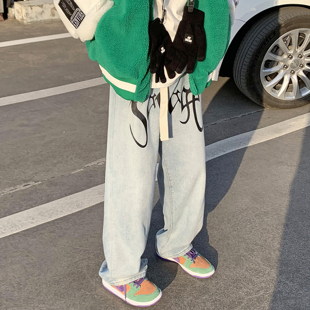 Spring Wide-leg Jeans Men's Printed Casual Korean Jeans Men Streetwear Hip-hop Straight Denim Trousers Mens Jeans Pants