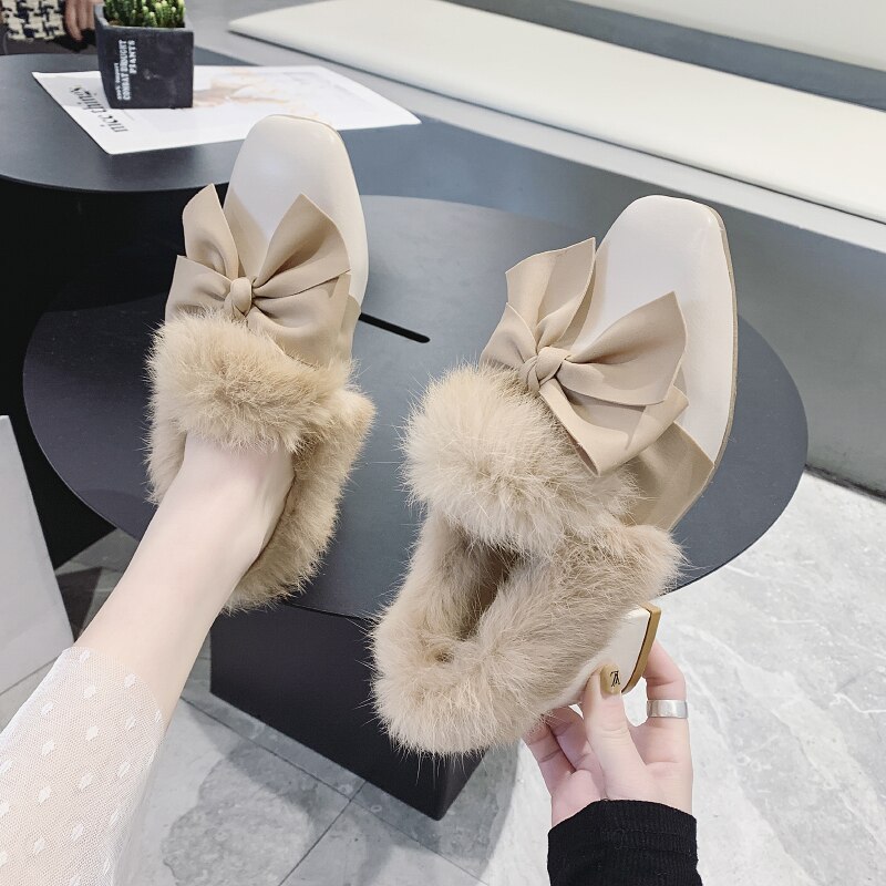 Skor på klackar matchande kvinnliga skor casual sneaker dam mockasiner rosett knut fyrkantig tå höst vinter klänning