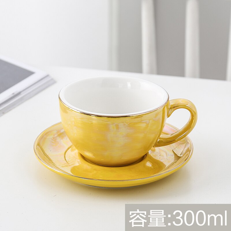 Europese Keramische Kopje Koffie Gold Lijn Parel Glazuur Koffiekopje Schotel Set Thuis Cafe Plezier: Yellow-300ml