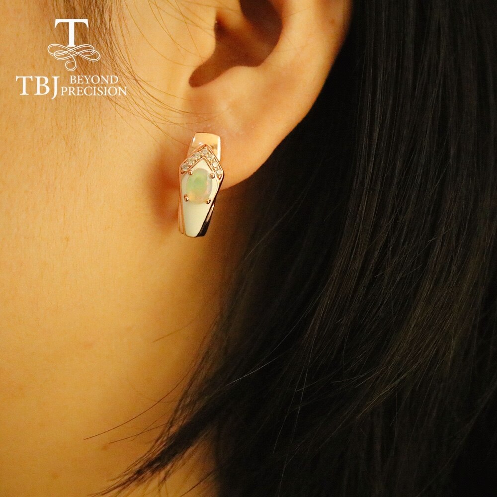 Tbj enamal Opal Earring natural colorful ethiopia gemstone oval cut 5*7mm fine jewelry 925 sterling silver for women