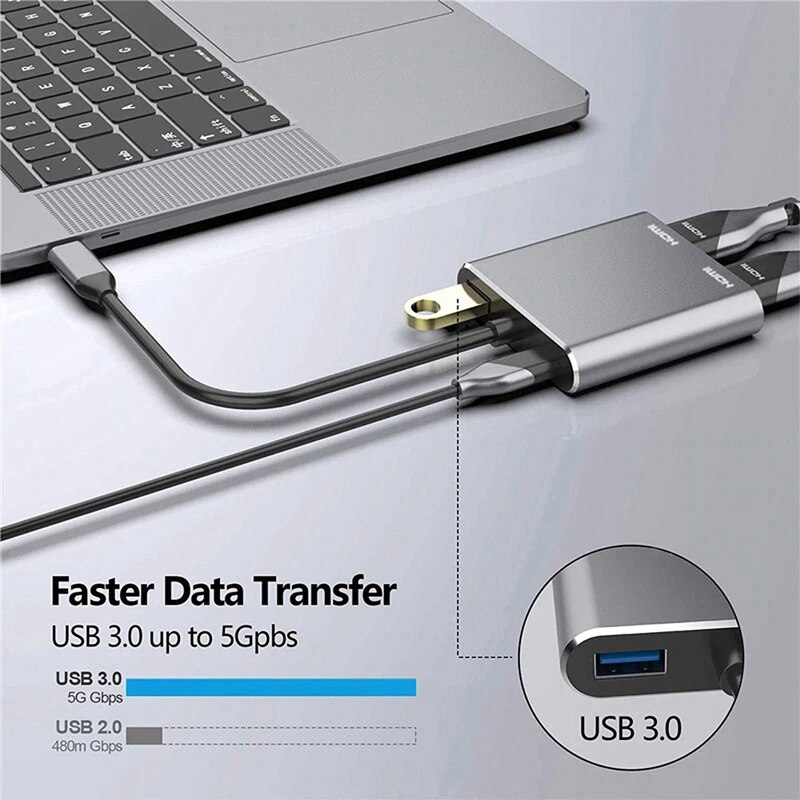 4 in 1 usb c naar hdmi-adapter 4k type c naar dubbele hdmi usb 3.0 pd- oplaadhub voor pc, laptop, mac os, linux usb c-apparaat