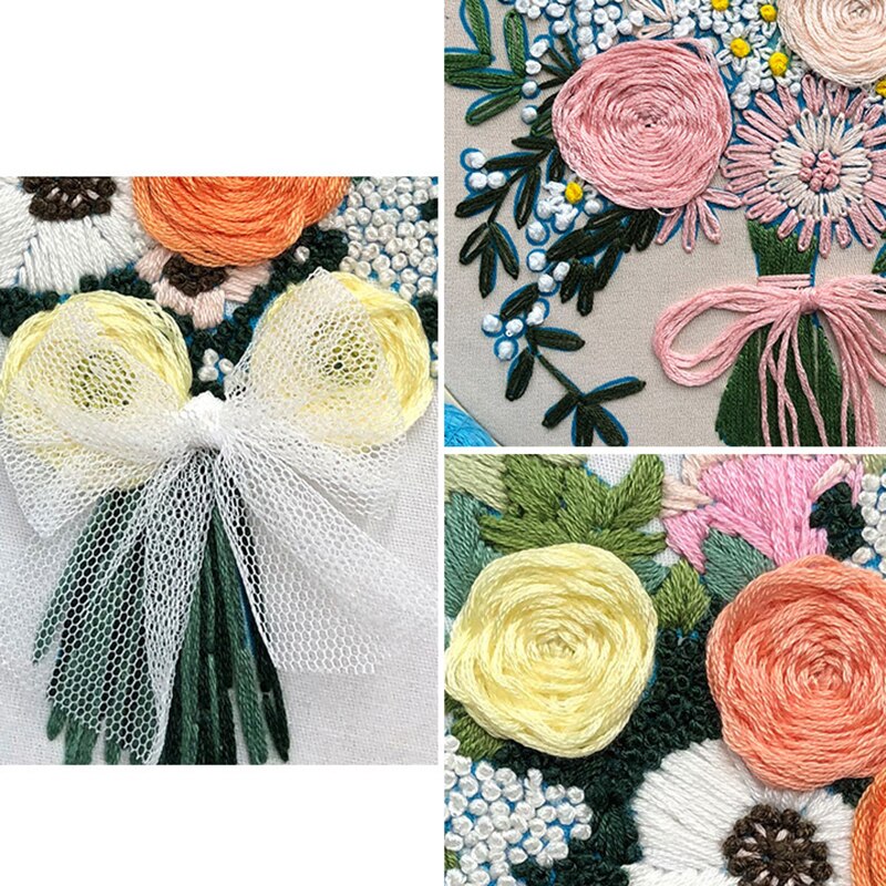 Kits de bordado de flores para principiantes, Kit de bordado de boda, punto de cruz con aros de bordado, cinta de bordado, artesanía a mano
