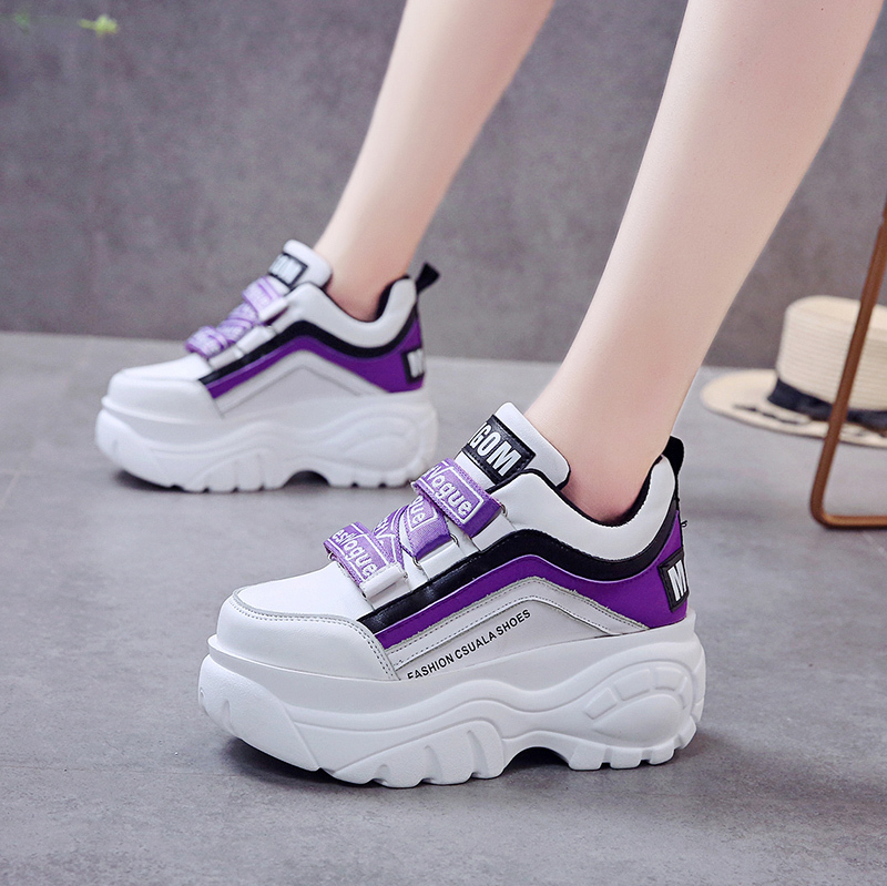 Tyk bund chunky sneakers kvinder hvid sort patchwork høj platform sko kvinde afslappet efterår vinter kiler fodtøj  g788: Lilla / 6