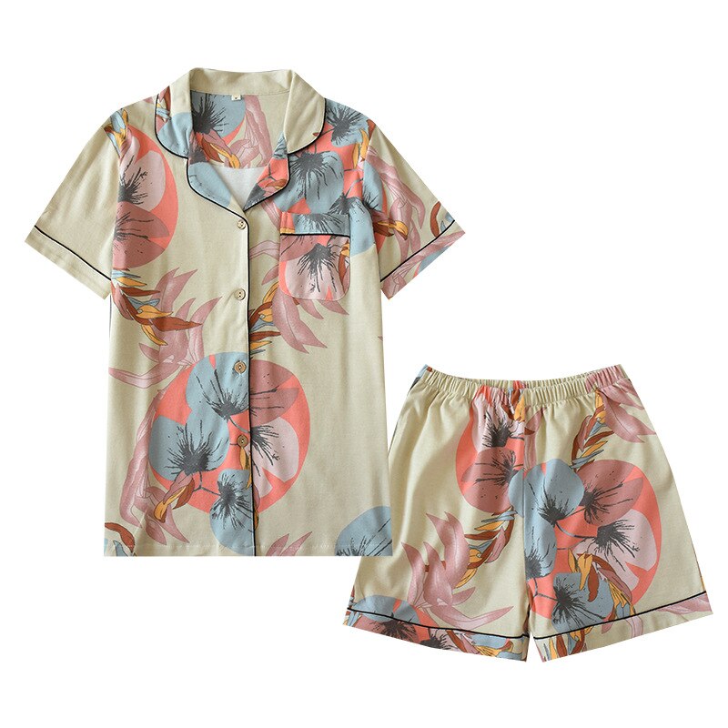 Lente/zomer katoenen dames pyjamaset met korte mouwen en korte broek, dames pyjamaset met grote bloemenprint, thuisservice
