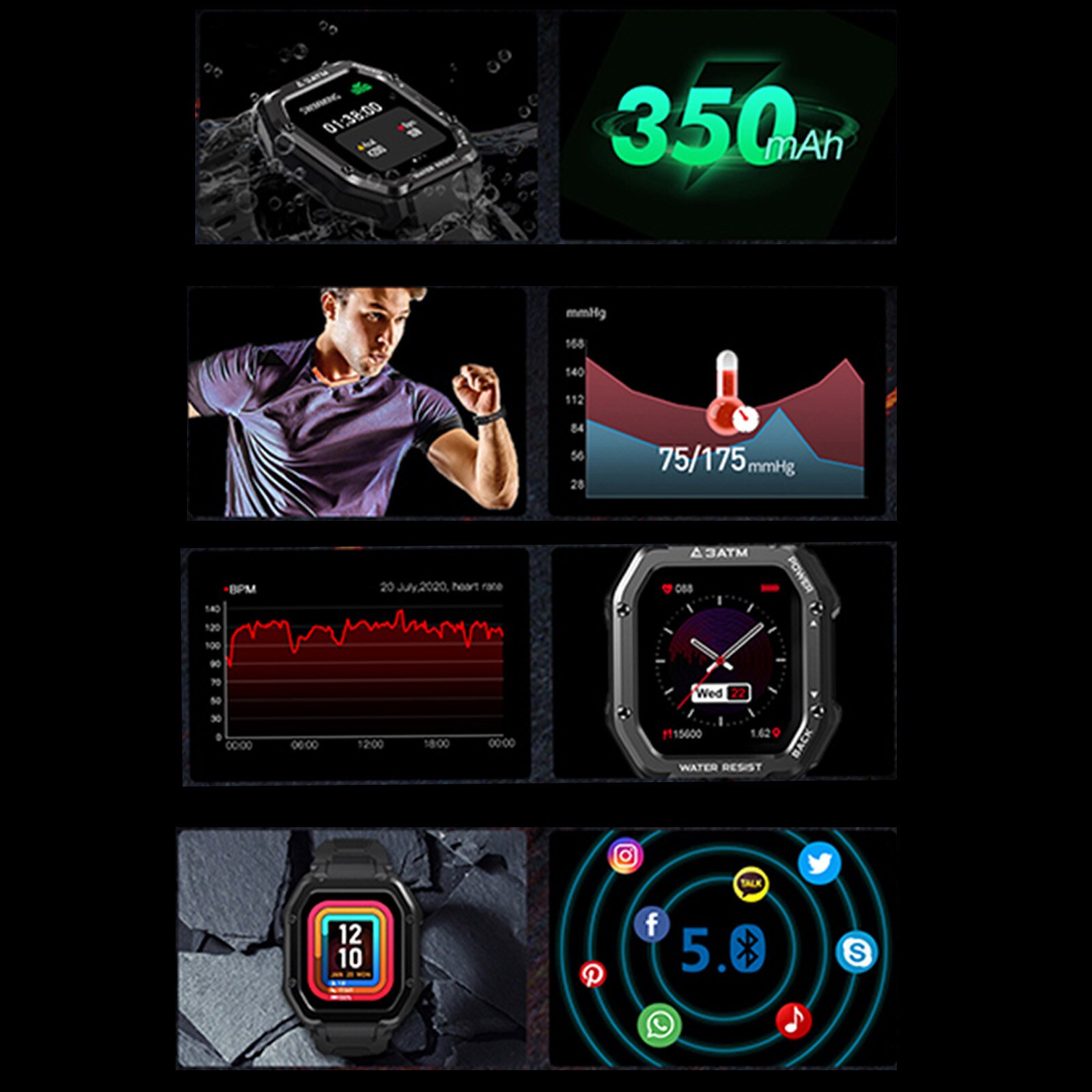 Smartwatch kospet rock watch för män utomhus sport vattentät fitness tracker blodtrycksmätare smart watch