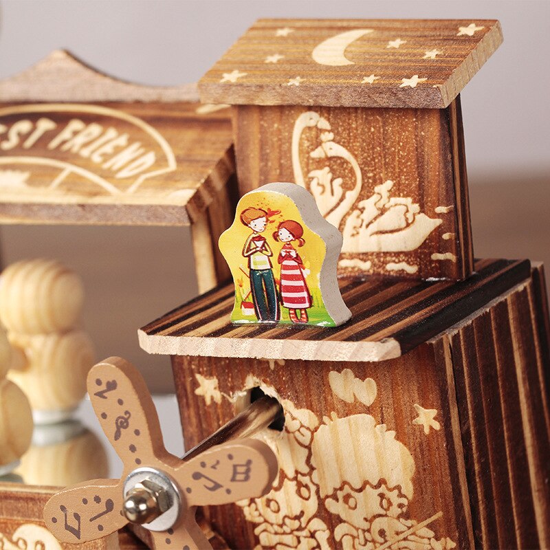 Wooden Windmill Rotating Music Box Musical Case with Little Bird Pen Holder Birthday Hoilday Students