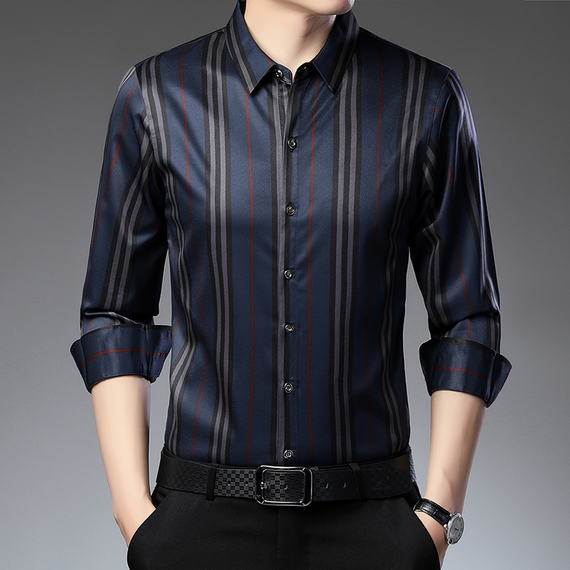 Luxury Silk Shirts Thin Long Sleeve Striped Dress Shirts Men Korean Casual Slim Fit Camisa Masculina C846: Blue / 4XL