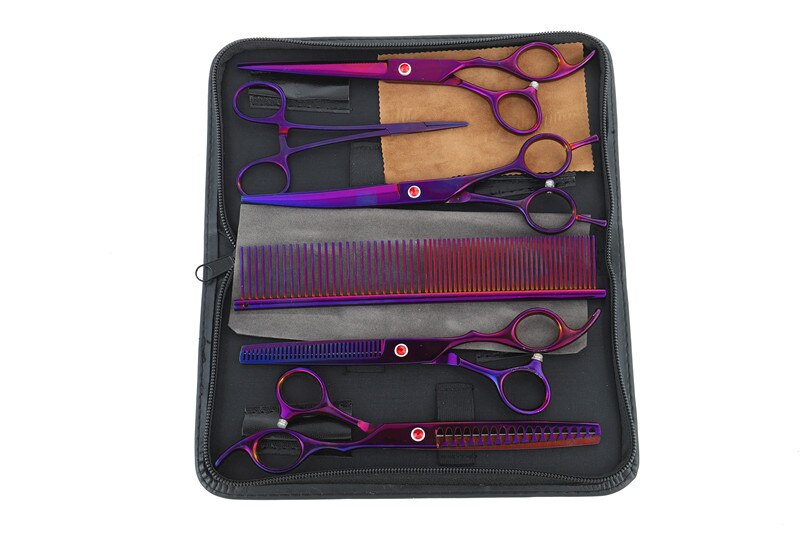 Japan 440c 7 inch Scissors for Hairdressers Barber Shop Supplies Titanium Hairdressing Scissors for Cutting Hair: purple-set 4