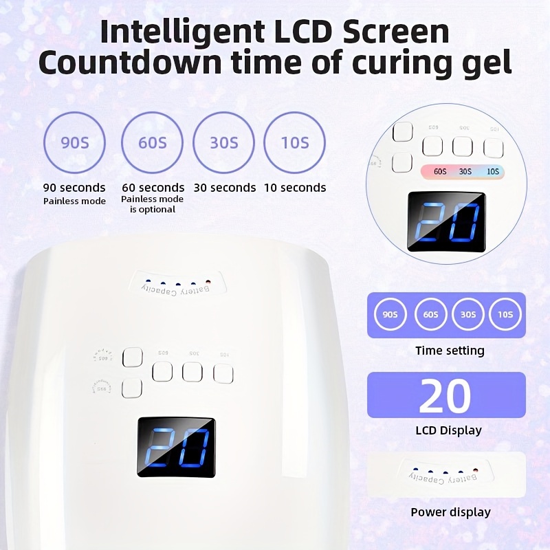 Lámpara de uñas LED UV recargable, lámpara de 66W para manicura con pantalla LCD, 4 ajustes de temporizador, herramientas de manicura para decoración de uñas para el hogar y el salón