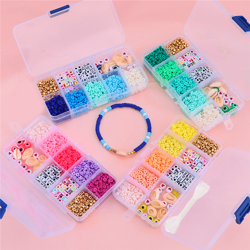 10-Gitter-Kasten-Perlen-einstellen, Polymer-Tonne, Acryl, Buchstaben-Rocailles, Schmuckherstellungsset, elastische Kordel für Mädchen und freundlicher, DIY-Armbinde