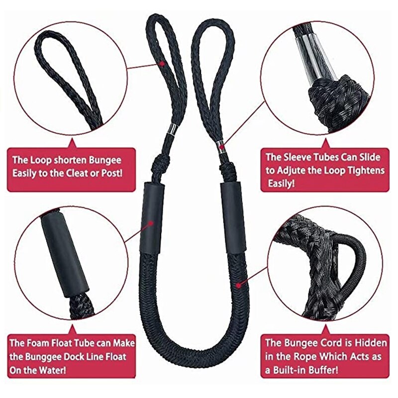 4 stuks bungee-aanleglijnen, perfect voor boten, waterscooters, jetski's, pontons, kajaks, kano's en motorboten (zwart)