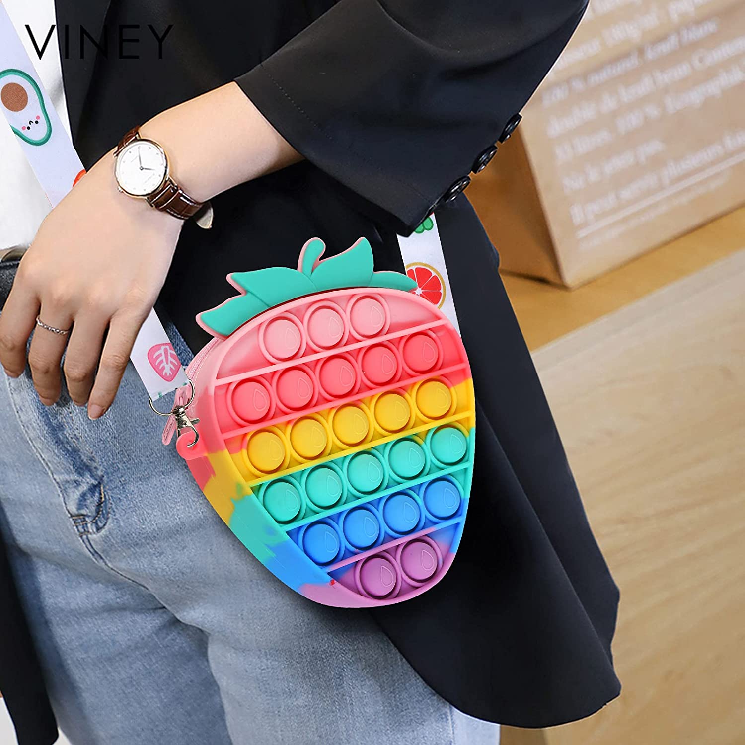 Rainbow Strawberry Pop Fidget Bag Toy Silicone Pop Bubble Sensory Fidget Toy Push Bubbles Toys Kawaii Strawberry Bags SYMOMOK