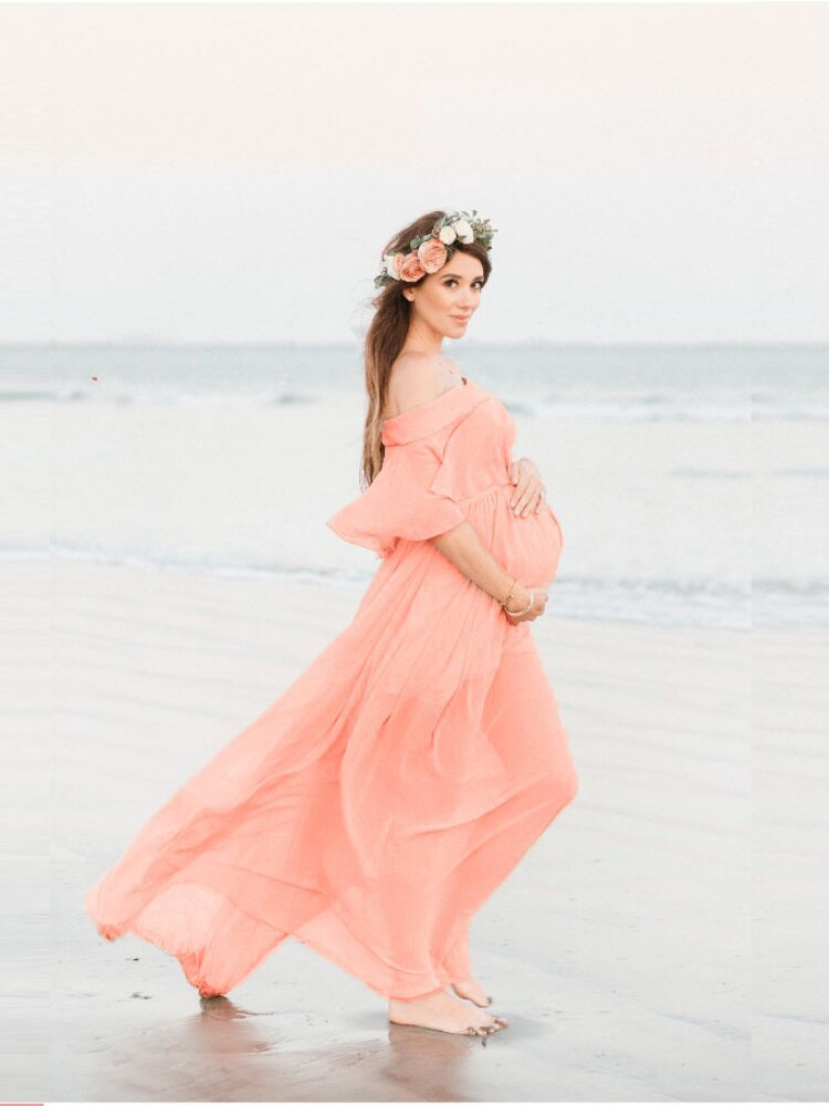 Sexy Off Shoulder Strapless Maternity Dresses Women Pink Chiffon Gown Pregnancy Dress Boho Pink Maxi Long Photo Shoot Dress