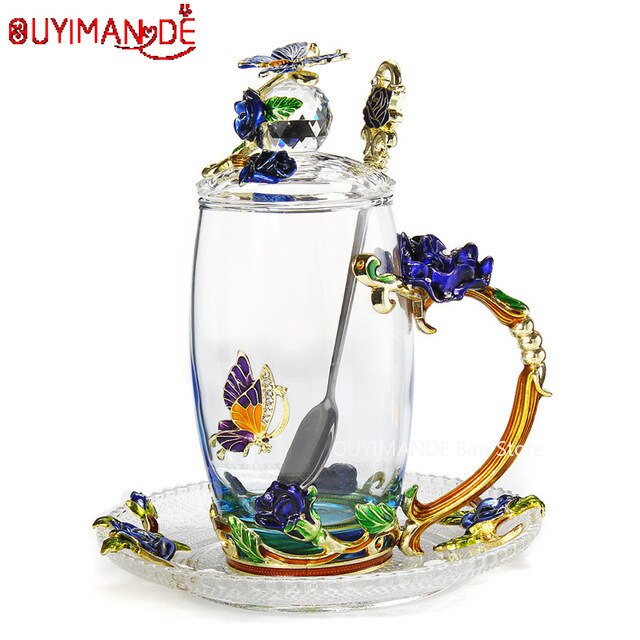Bleu belle papillon émail tasse à café fleur thé verre tasses boisson chaude et froide thé tasse cuillère ensemble parfait de mariage: J