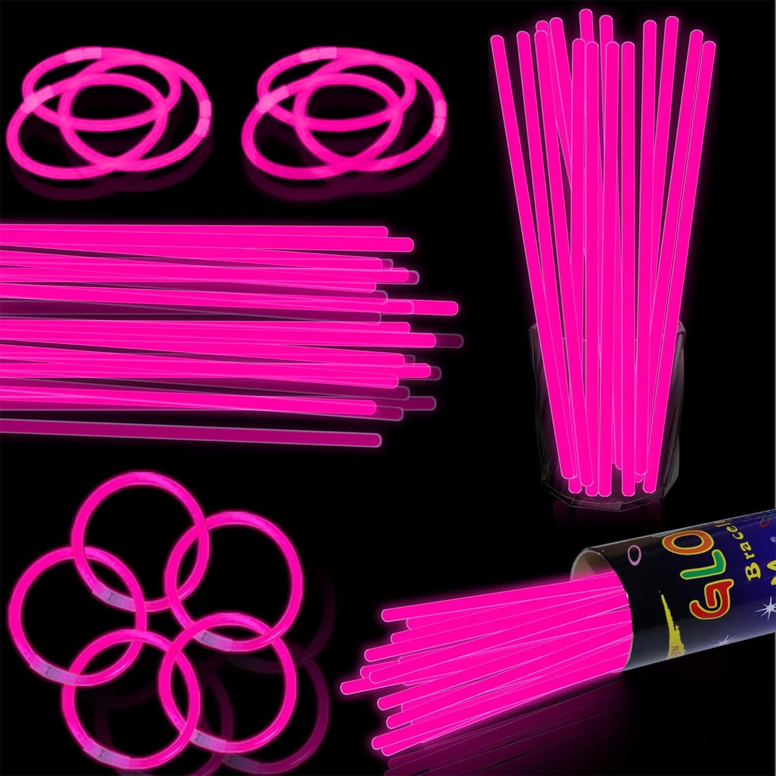 100 Uds. Palillos luminosos coloridos fluorescentes brillantes oscuros DIY pulsera collar barra luminosa decoración del banquete de boda de cumpleaños: Rosa