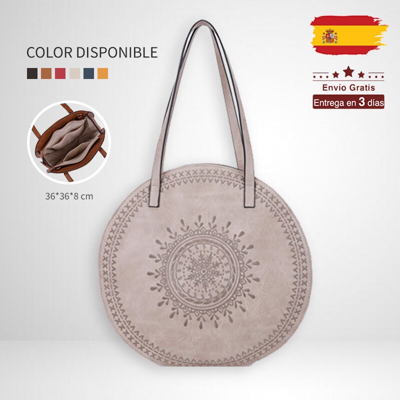 Giovanna Milano Bolso grande de playa de verano Bolso de hombro con dibujos bordados Bolsos redondos con bolsillo Interior y cremallera compartimientos abiertos de compras informal vintage bohemian mujer T11086