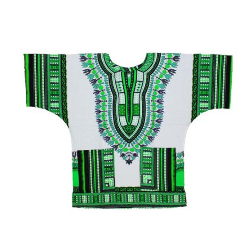 100% Katoen Afrikaanse Traditionele Print Korte Mouw Dashiki Kleding voor Mannen: white green