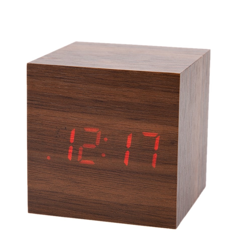 ! mini digital trä led väckarklocka trä retro glöd klocka skrivbord bord dekor röststyrning snooze funktion skrivbord kalender