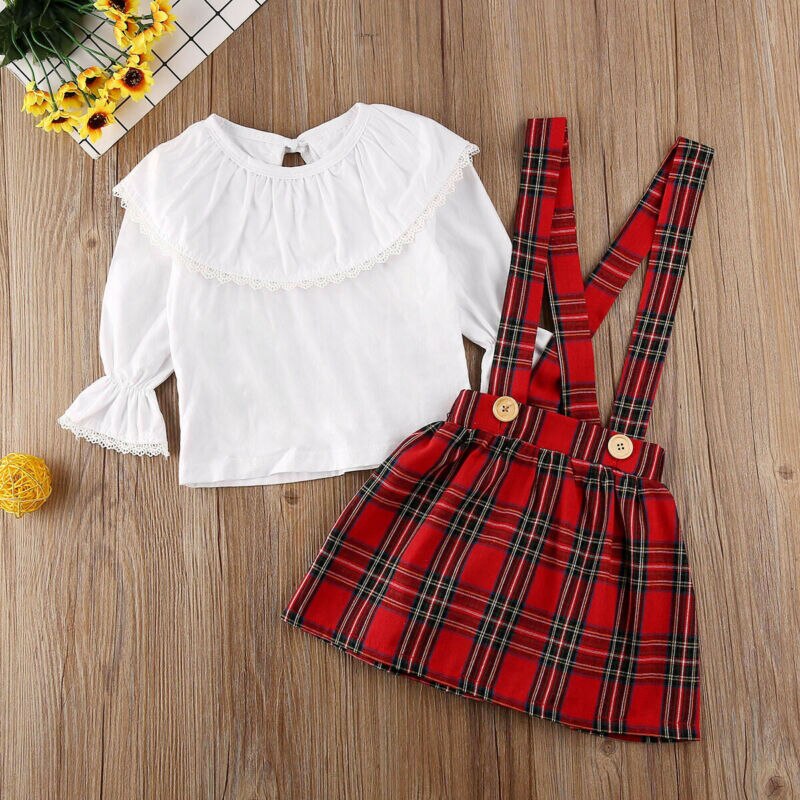 Christmas Newborn Kids Baby Girls Clothes Ruffle Top Plaid Strap Skirt Outfit