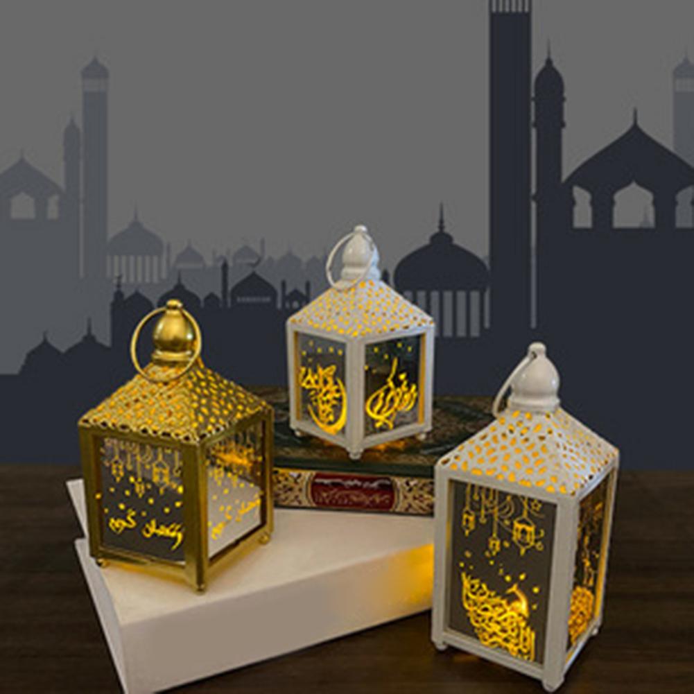 Ramadan lantaarn met led ramadan en eid decoratie voor thuis ijzeren glazen hangende lantaarn voor feest eid mubarak verlichting