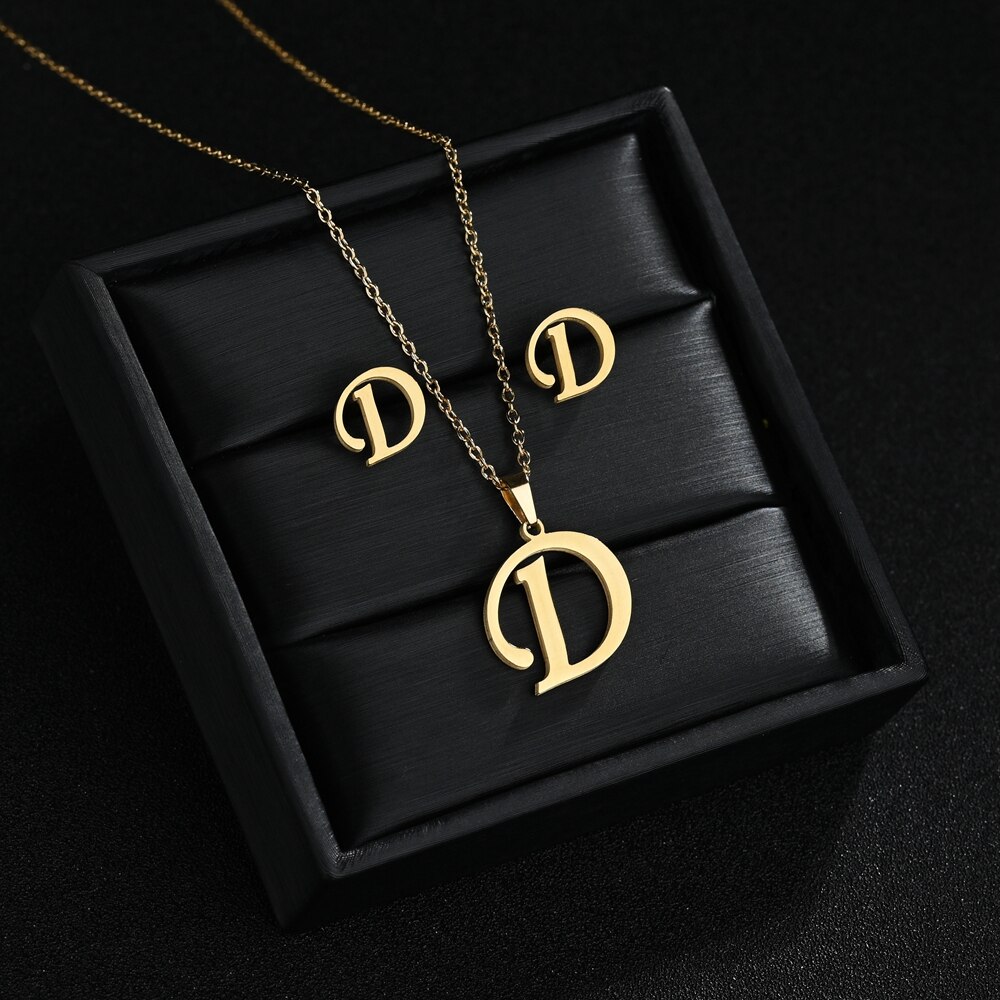 A-Z Edelstahl Ersten Halskette Und Ohrringe Schmuck Sets Alphabet Anhänger Kette Brief Zubehör: D