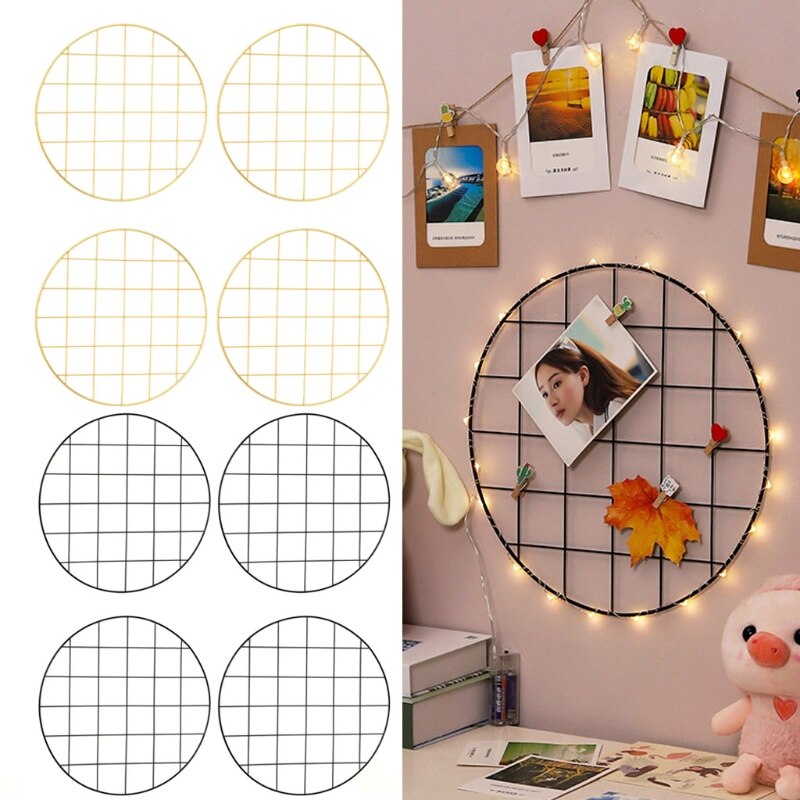 4pcs Round Mesh Grid Wall Photo Postcards Display Organizer DIY Pictures Frame B85C