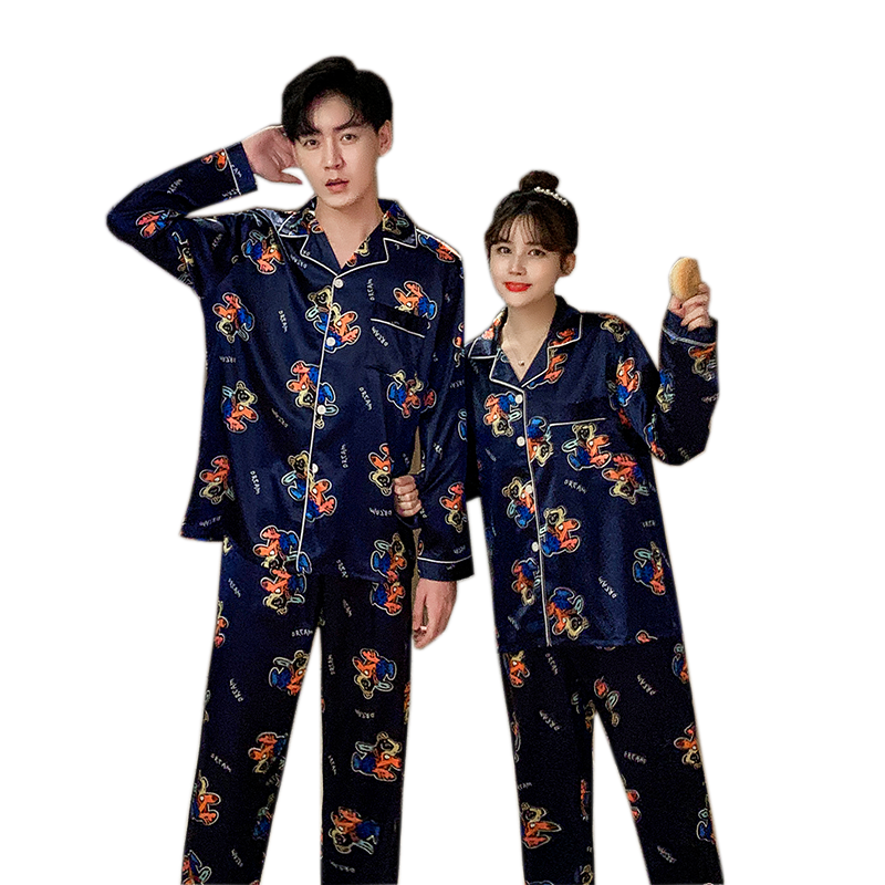 Women Satin Silk Pajamas Sets Adult Spring Faux Silk Flower Print Sleepwear Two pcs long Sleeve Shirt and Pant V-Neck Nighties
