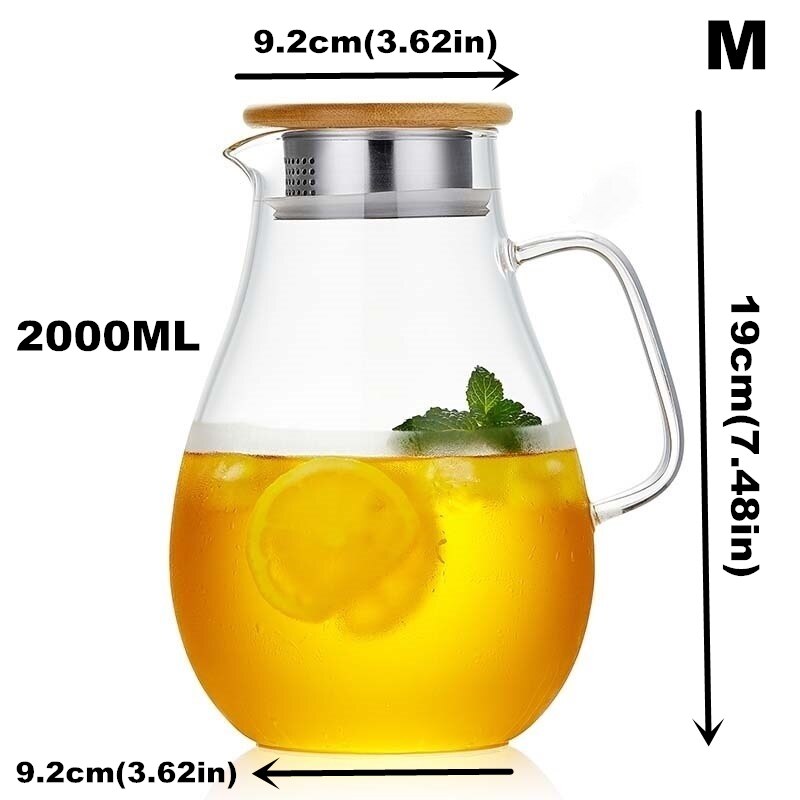 2500ML High Capacity Borosilicate Glass Infuser Teapot Heat-Resisting Tea Pot With Stainless Steel Bamboo Lid Cold Water Kettle: 2000ml bamboo M