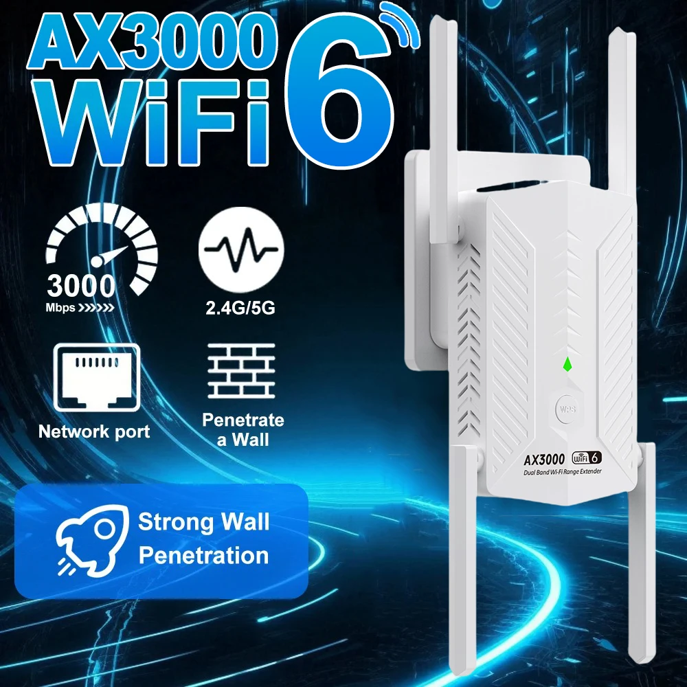 AX3000 WiFi 6 Repeater Extender Booster Dual Band 2.4G/5GHz Wi-Fi WPS Signal Amplifier Long Range Network Router for Home Office