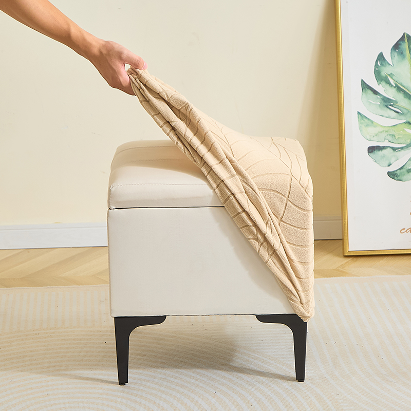 1PC Leaf Jacquard Ottomaanse Cover Elastische Vierkante Voetsteun Cover Effen Kleur Stofdicht Voetenbank Hoes voor Slaapkamer Party Hotel: Beige