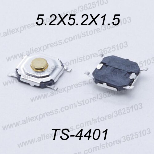 50 stks/partij SMD 4*4*1.5mm (5.2*5.2*1.5mm) tactile Tact Push Button Micro Schakelaar Momentary Push Knop Koper Hoofd/Rubber Hoofd etc.: 5.2x5.2x1.5 copper