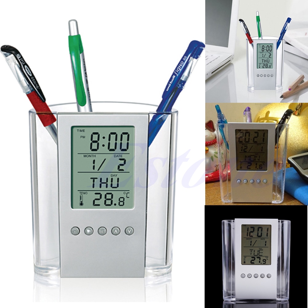 Pen holder lcd digital alarm ur skrivebord blyant pen holder arrangør termometer kalender mar 20