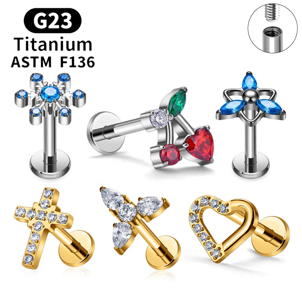 G23 Titanium Sneeuwvlok Kers Hartvorm Platte Achterkant Stud Oorbel 16G CZ Oor Tragus Kraakbeen Helix Conch Kwab piercing Sieraden
