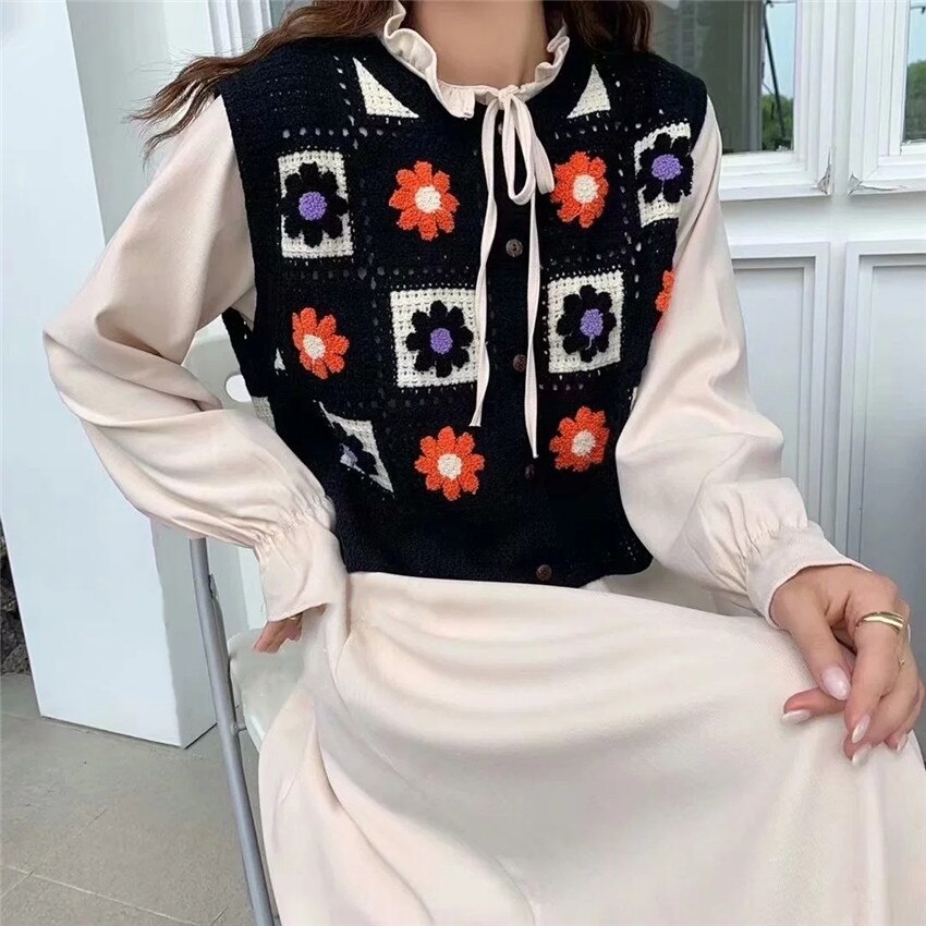 Chaleco de ganchillo Vintage bohemio Para Mujer, chaleco sin mangas con bordado Floral, suéter de punto, Chaleco de punto Para Mujer: black