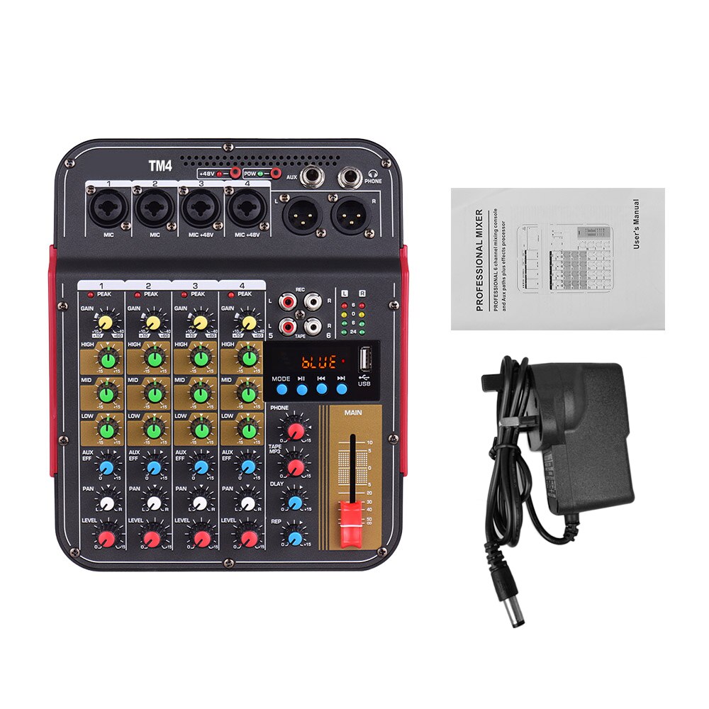 TM4 Digital 4-Channel Audio Mixer Mixing Console Built-in 48V Phantom Power &amp; BT Function Audio System Recording: UK Plug