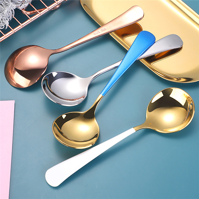 1pc Stainless Steel Round Head Spoon Long Handle Coffee Ice Cream Desserts Spoons Beautiful Tableware Housewares Kitchen