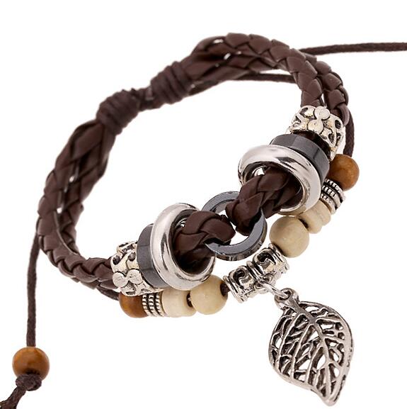 NADEEM-pulsera de cuero con de hoja de arce para hombre y mujer, brazalete ajustable de cuero trenzado, hecho a mano: B01378Coffee