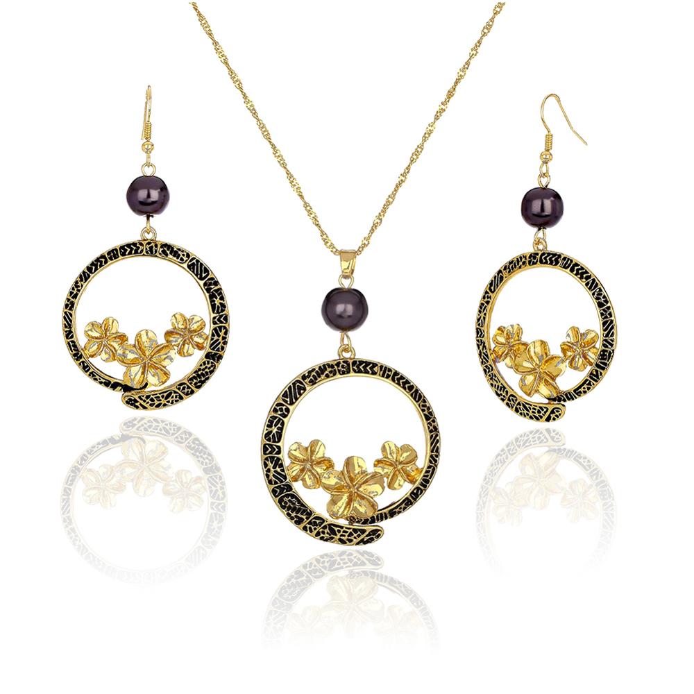 Cring Coco Mode Hibiscus Bloemen Sieraden Set Vrouwen Hawaiian Polynesische Vergulde Ketting Oorbellen Set: ZH0027GOGR