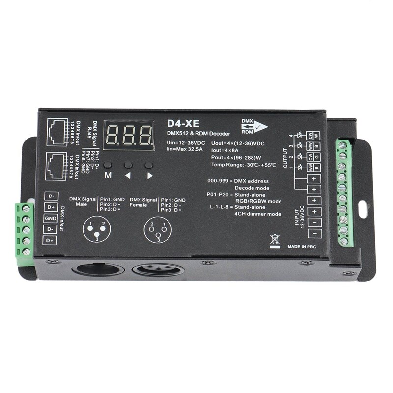 D4-XE 4CH Pwm Constante Spanning Cv DMX512 Rdm Led Decoder Controller Met Digitale Display XLR3 RJ45 DC12V 24V 36V
