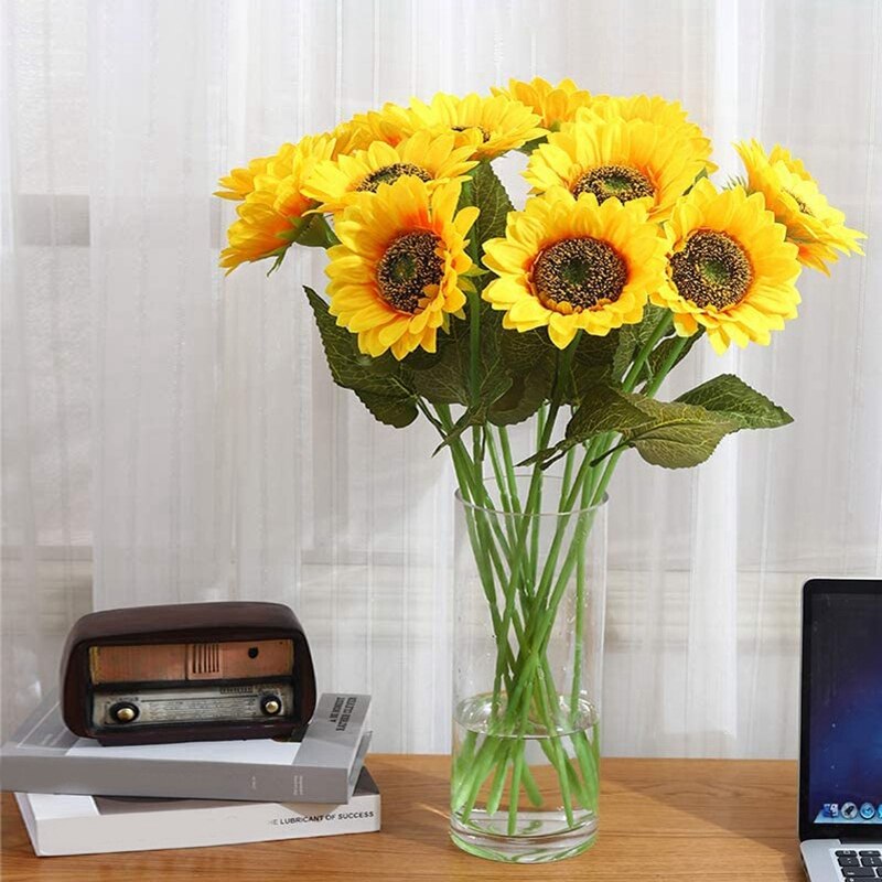 Kunstmatige Zonnebloemen Boeket 6Pcs Enkele Lange Stem Bridal Wedding Boeket Gele Bloem Indoor Garden Party Decoraties